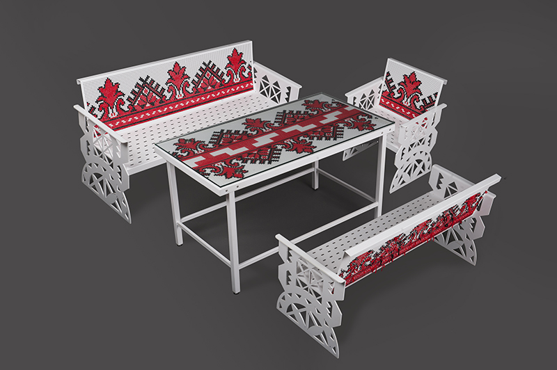 Set format din masă, bănci și scaune cu motive inspirate din folclor